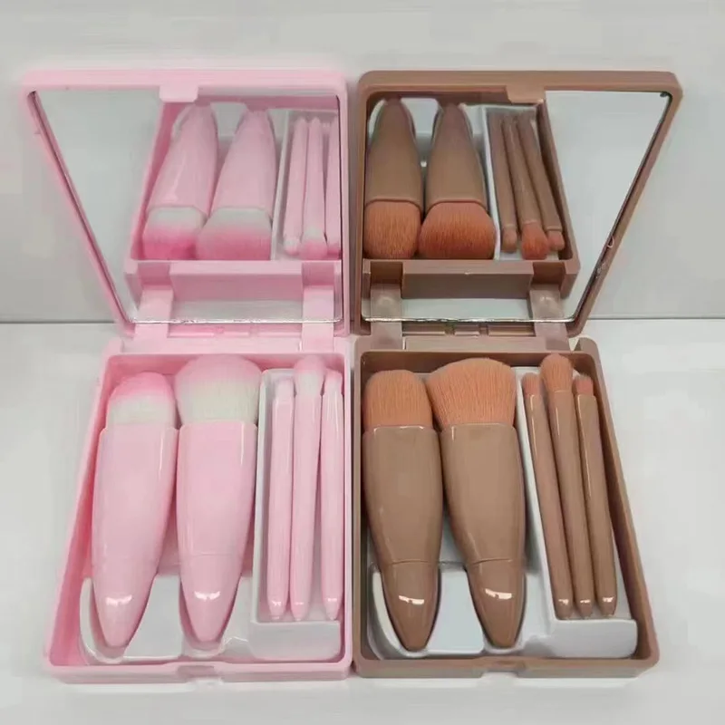 Makeup Brush Set With Mirror Travel 5 In 1Portable Smudge Gift Professional Private Label 5 Piece Makeup Brush Set