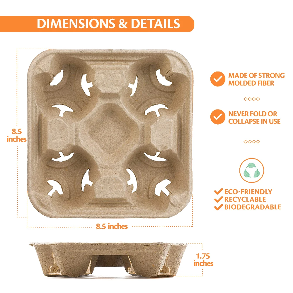 Takeaway 2 4 Cup Carrier Disposable Clip-On Utility Coffee Drink Cup Paper Pulp Fiber Holder Tray  For 8-32 oz