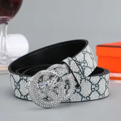 Top layer cowhide Full Diamond smooth buckle leather belt men fashion