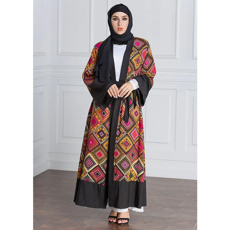 Women Long Cardigan Printed Geometric Red Muslim Dresses Hijab Dress Abayas Caftan