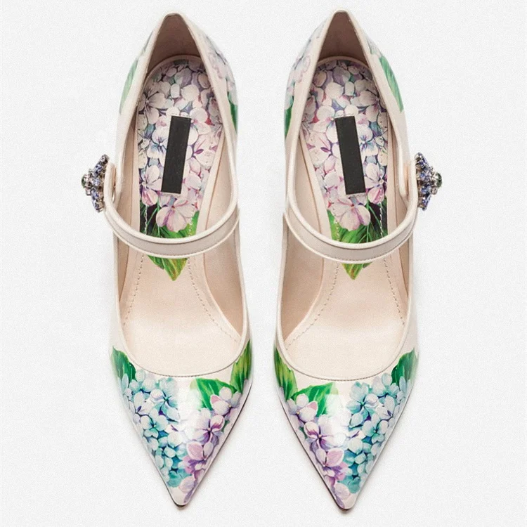 Latest Pump 2020 Women 3D Printing Flower and Rhinestone Chunky Heel Shoes