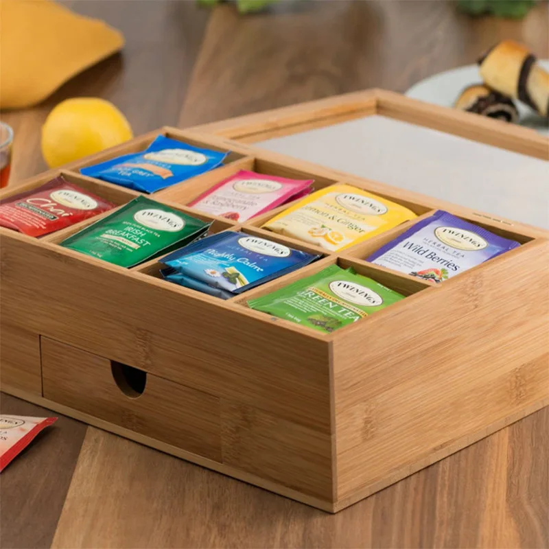 countertop wooden tea box wood chest Premium top tea storage box with lid 8 compartments