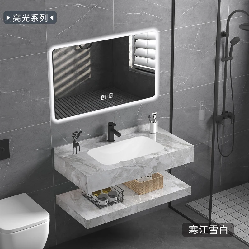 New marble bathroom vanity with LED mirror  rock slate bathroom vanity cabinet with ceramic basin and towel shelf