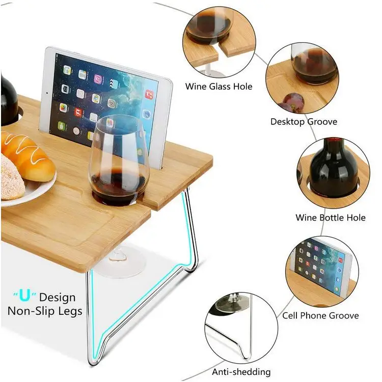 Portable folding legs bamboo breakfast bed table snack tray with wine bottle glass holder for outdoor picnic beach park