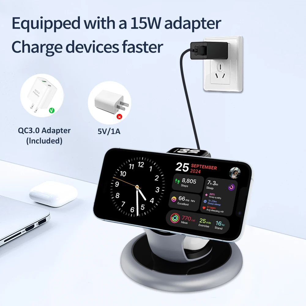 New Mobile Phone Holder 15W Fast Watch Earphone Station Custom Logo Qi Multifunctional Strong Magnetic 3 in 1 Wireless Charger