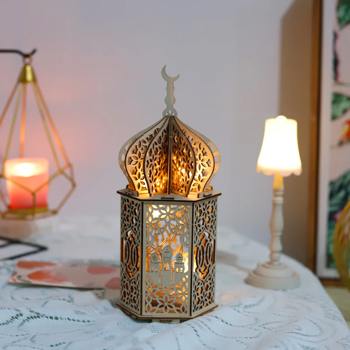 Kanlong Ramadan Wooden Handicraft Muslim Palace Lighted Gifts Decorative Lamp