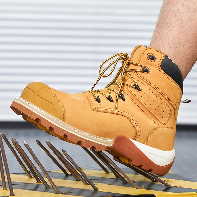 OEM Goodyear nubuck leather safety boot yellow ,  durable  industrial work boots men, heavy duty middle cut goodyear wook boots