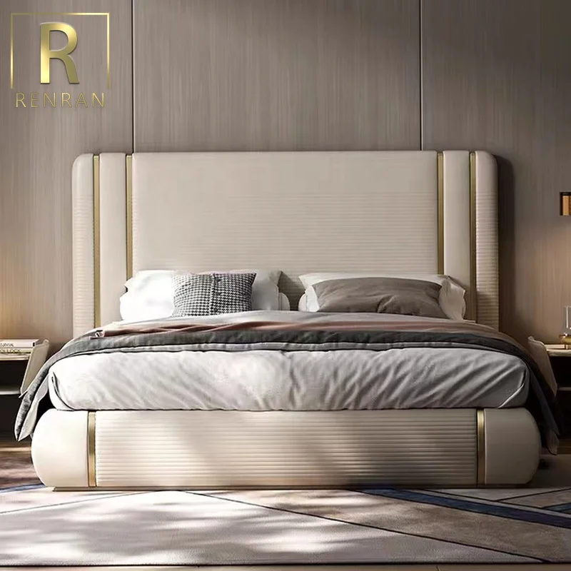 Popular modern design bedroom furniture soft beds light luxury home furniture white leather bed from foshan