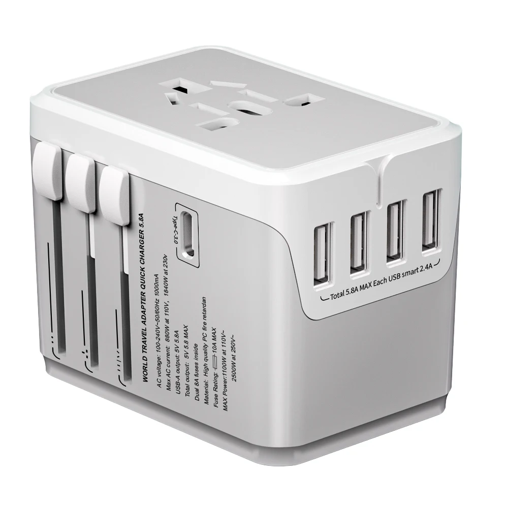 Worldwide Compatible Travel Charger 4 USB 1C Ports Universal International Plug Adapter Electronics AC Outlets for Travel