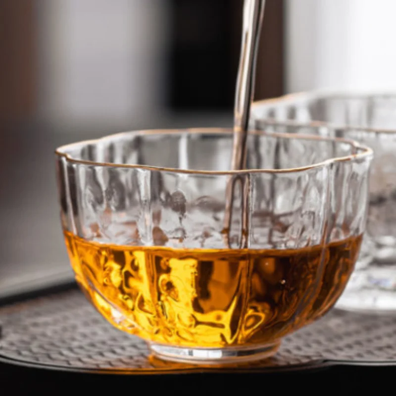 Hand Made Fancy Design Gold Rimmed Japanese Style Sake Glass Cup Tea Glasses Hammered