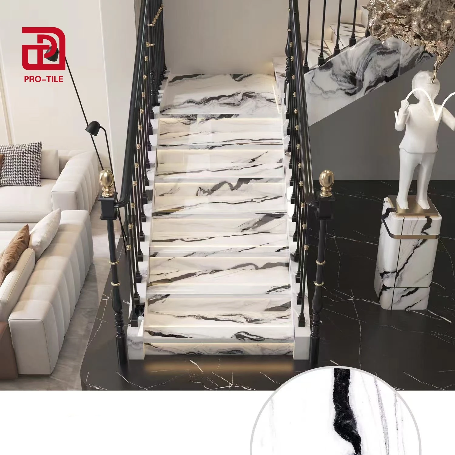 New Model Staircase Steps Floor Tiles Panda White Marble Stair Luxury Stone Design Stair