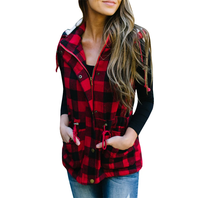 Women Ladies Autumn Winter Outer Wear Fashion Plaid Woven Cotton Lined Casual Warm Hooded Vest Coats