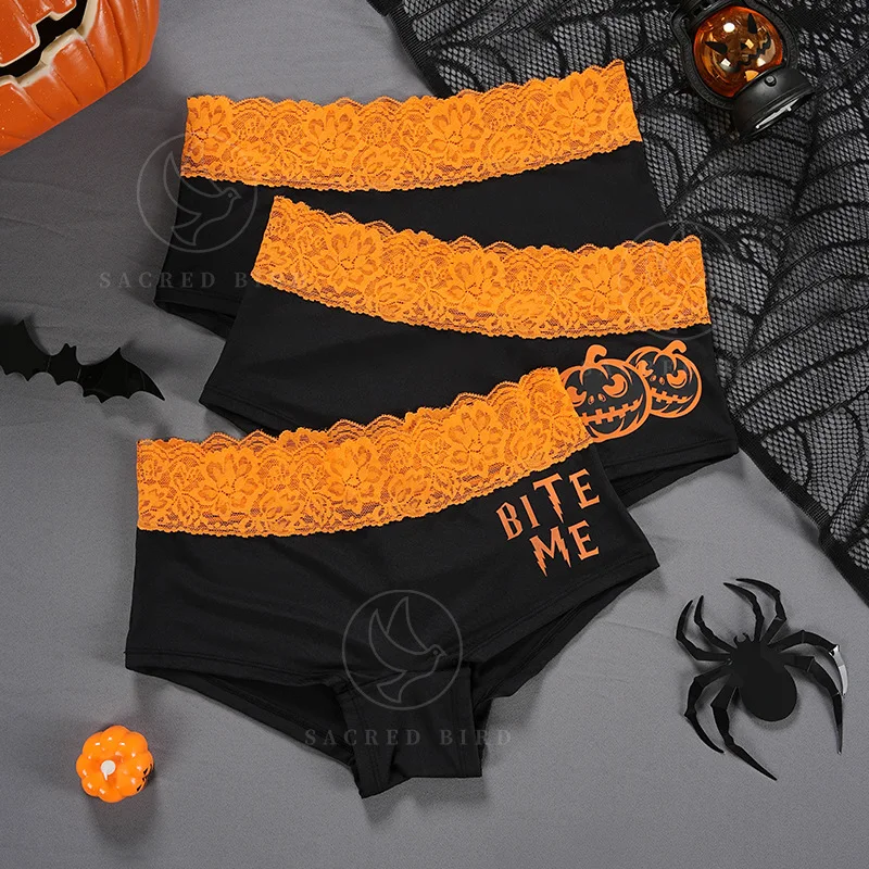 Sexy lace waist edge splicing seamless ice silk girls panties Halloween printing large size anti-glare boxer shorts