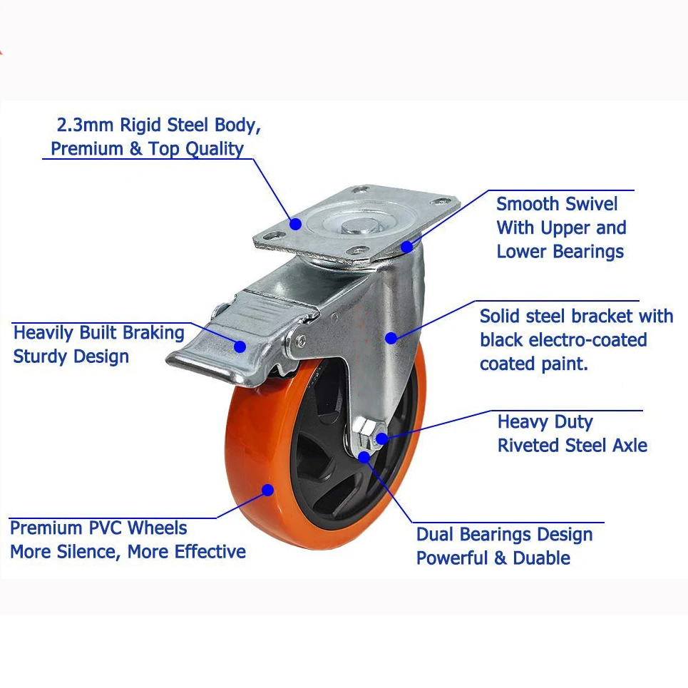 4 Inch Orange Blue Black Red Industrial Castor 100mm Rueda Giratoria PVC Swivel Trolley Heavy Duty Caster Wheels