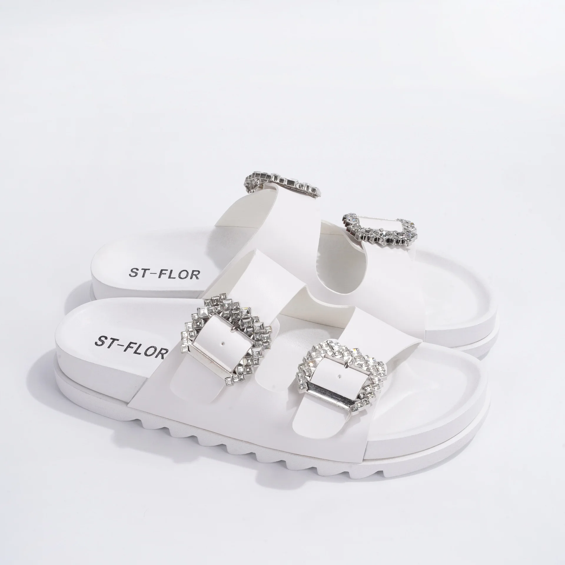 2024 fashion simple rhinestone double buckle non-slip flat slide slippers woman shoes outdoor