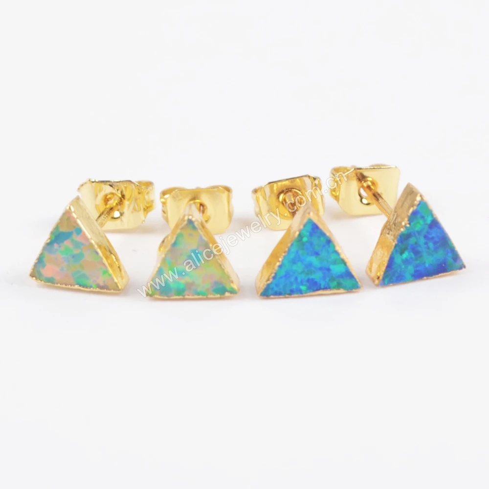 18K gold triangle synthetic white blue fire opal stud earings jewelry women wholesale