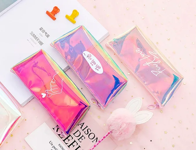 Прозрачная сумка на молнии с сердечками и блестками, школьный пенал из ПВХ на молнии, чехол для карандашей