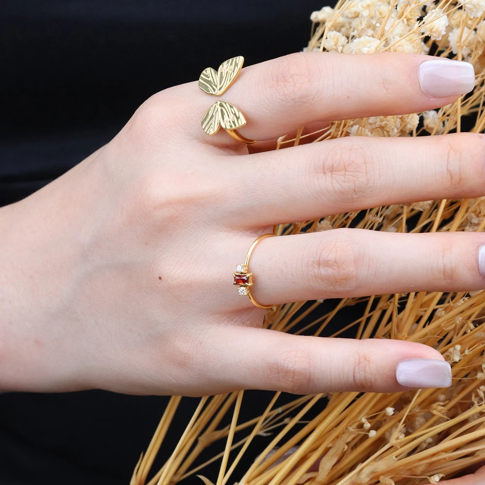 Chris April 316L stainless steel garnet zirconia signet thin spring gold ring