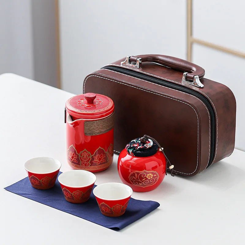 Business gift all in one portable mini portable ceramic pot and cup Chinese luxury tea set