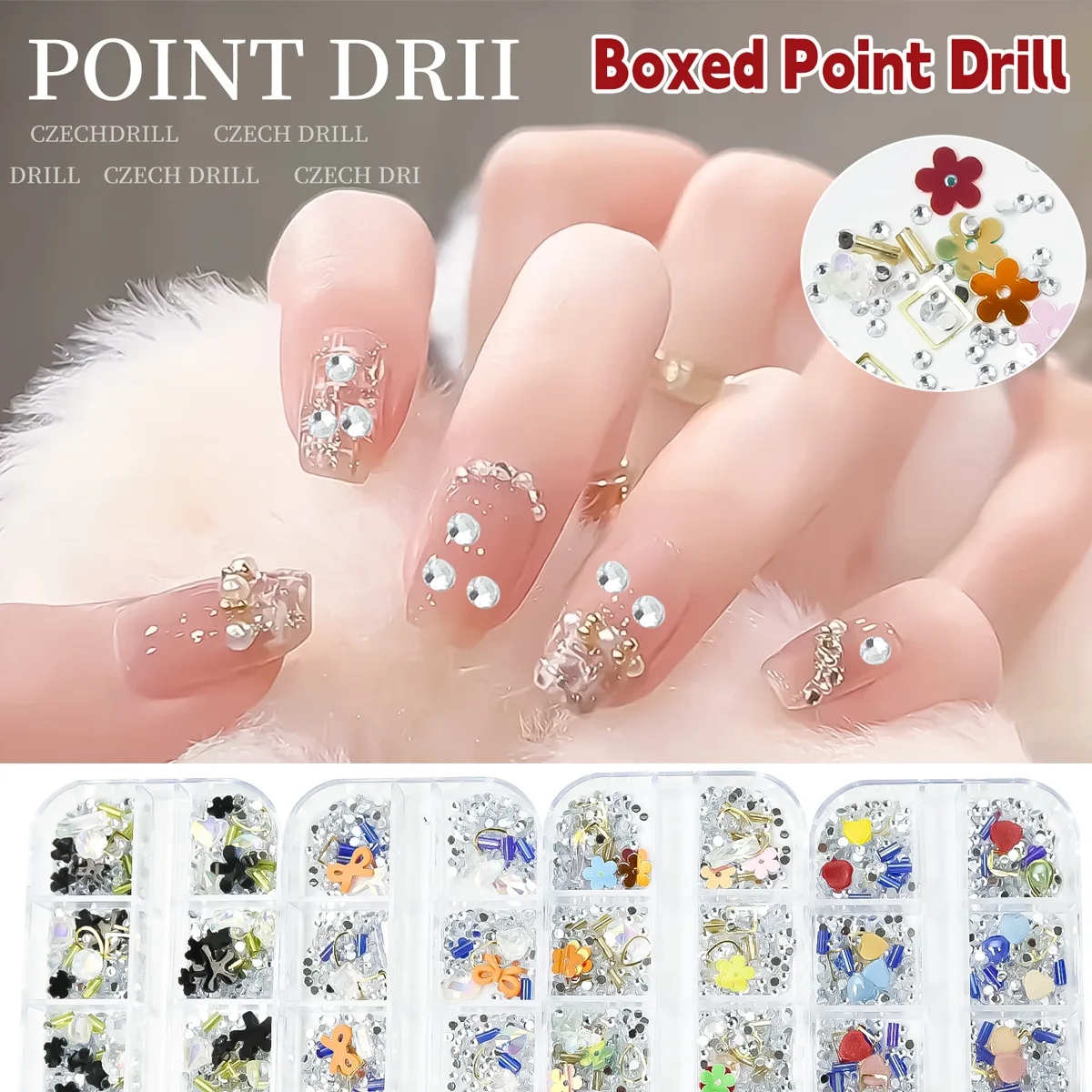 12 Grids Resin Flower Nail Charms Gemstone Kit 3D Mix Assorted Color Flower Shape Small Diamonds Shiny AB Color  Nail Designs