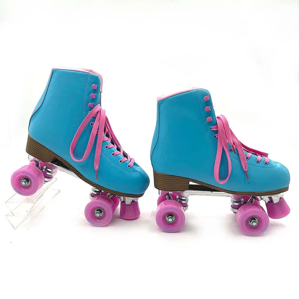 Premium Blue Quad Rink Skates Roller Wheels Roller Skate Shoes leather high top quad roller skate