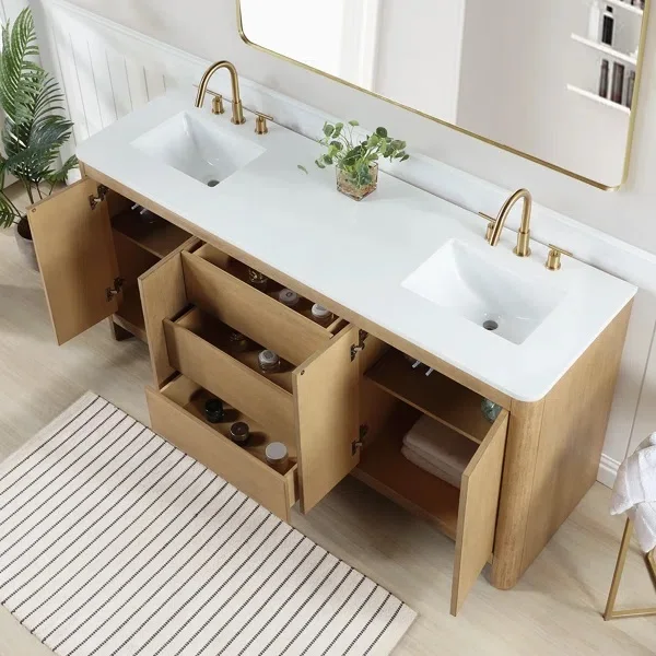 CBMmart Custom Manufacturer Made  Natural Color LED Light Double Sink Bathroom Vanity with Drawers