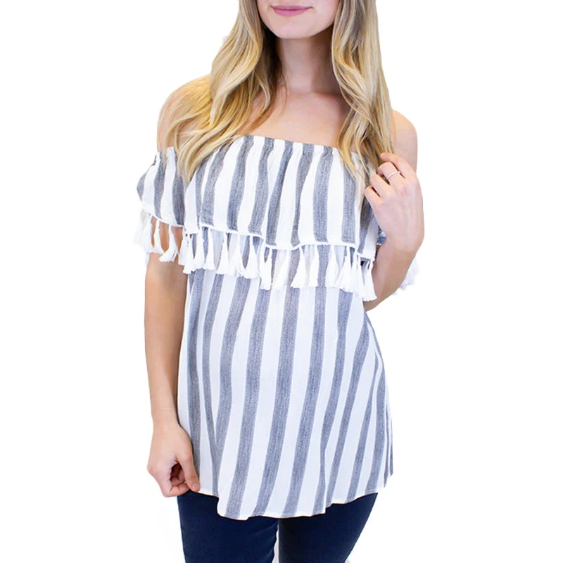 Summer Pregnant Blue Off Shoulder Striped Women Blouse Maternity Clothing
