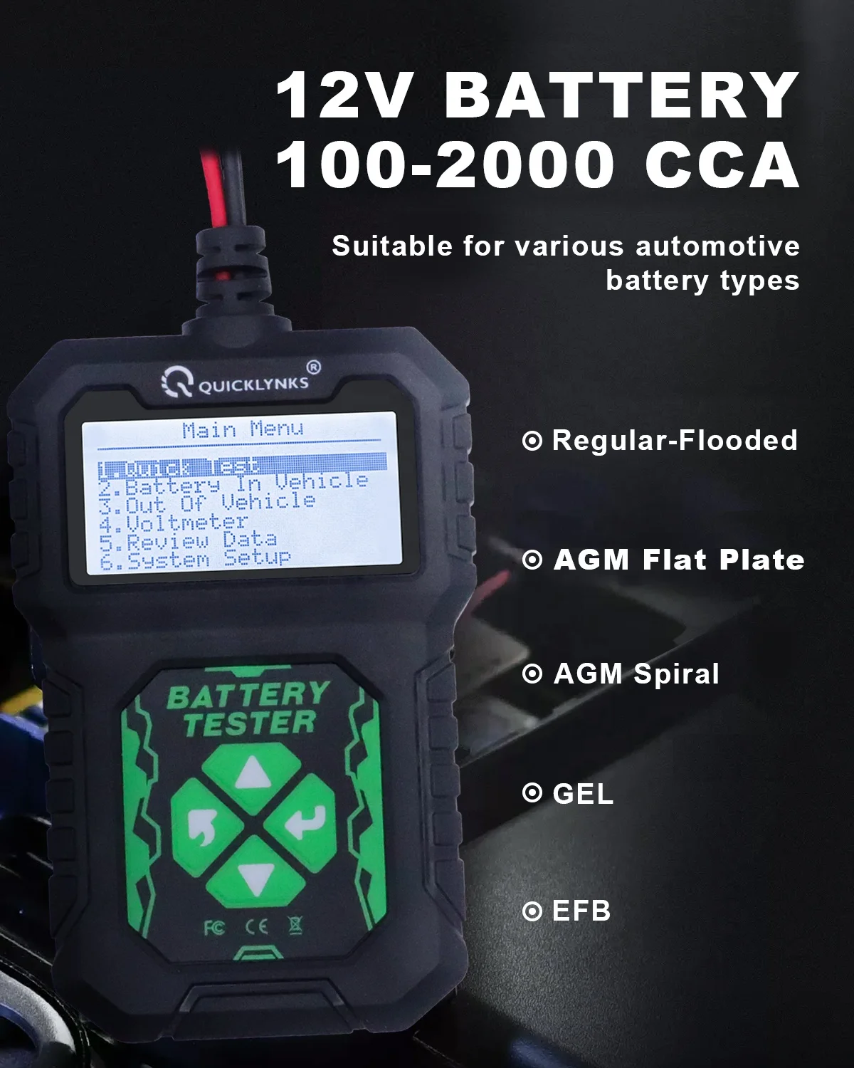 Quicklynks BA107 тестер автомобильного аккумулятора 12В 100 до 2000 CCA вращение зарядки анализатор батареи 12 V батарея