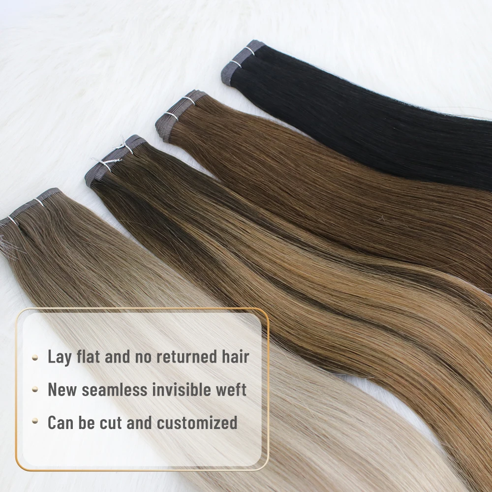 New double drawn flat track russian remy human hair weave 100g invisible skin pu weft hair extensions