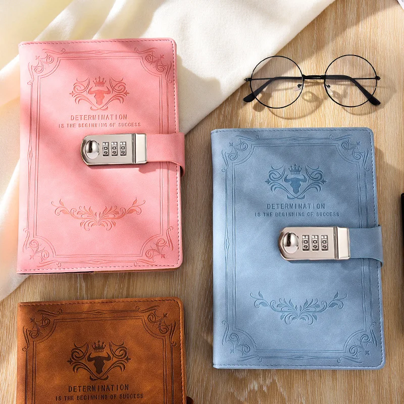 2024 Custom Design Emboss Logo PU Leather Case Bound Lined Page Lock Notebook Gift Set Diary Notebook with Lock Promotion FSC
