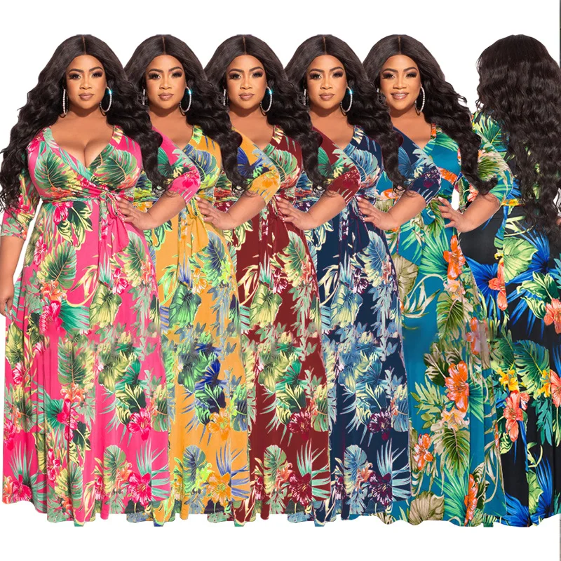 4xl 5xl Plus Size Maxi Dress Women 2022 Summer V Neck Short Sleeve Floral Print Yellow Dress for Women Large Size Beach Dresses
