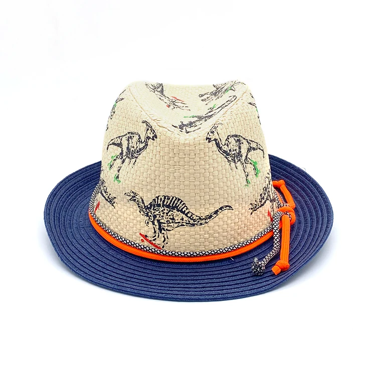 Разноцветная детская Соломенная пляжная шляпа с принтом динозавра, Федора с полосатой лентой