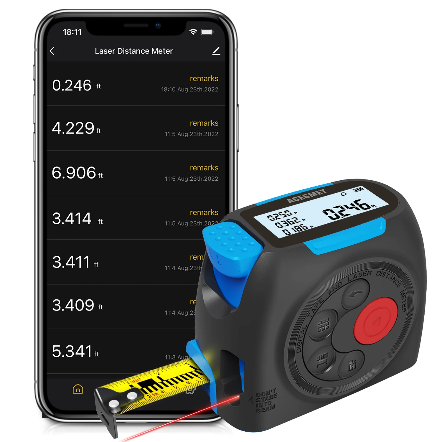 Mileseey Dt30 3 In1 Laser Distance Meter 60m Digital Laser Measuring 5m Tape Measure With Measurement Lcd Display