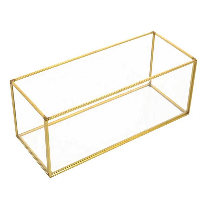 Factory Directly Sale Rectangular Geometric Copper Metal and Glass Terrarium Pot Vase for Indoor Air Plant Succulent Cactus