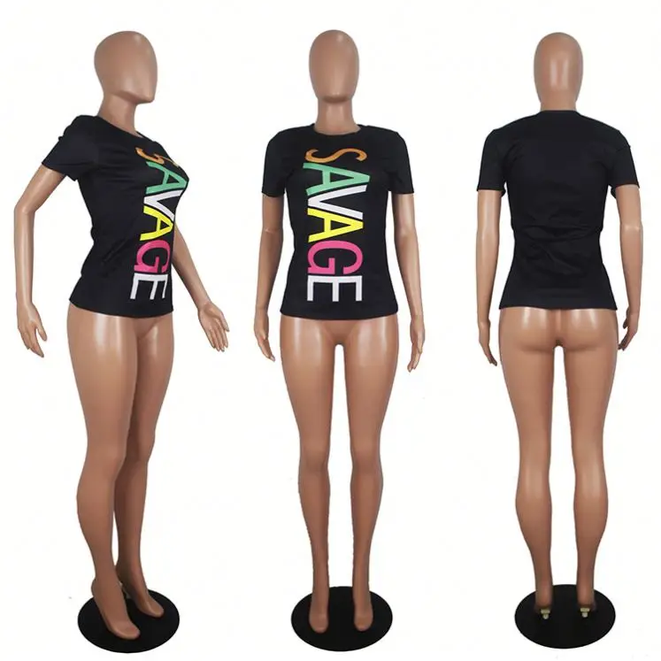 
0819M359 Casual Summer Hot Selling Round Neckline Letter Digital Printed Ladies Tshirt Trendy Design Women Solid Fashion T Shirt 