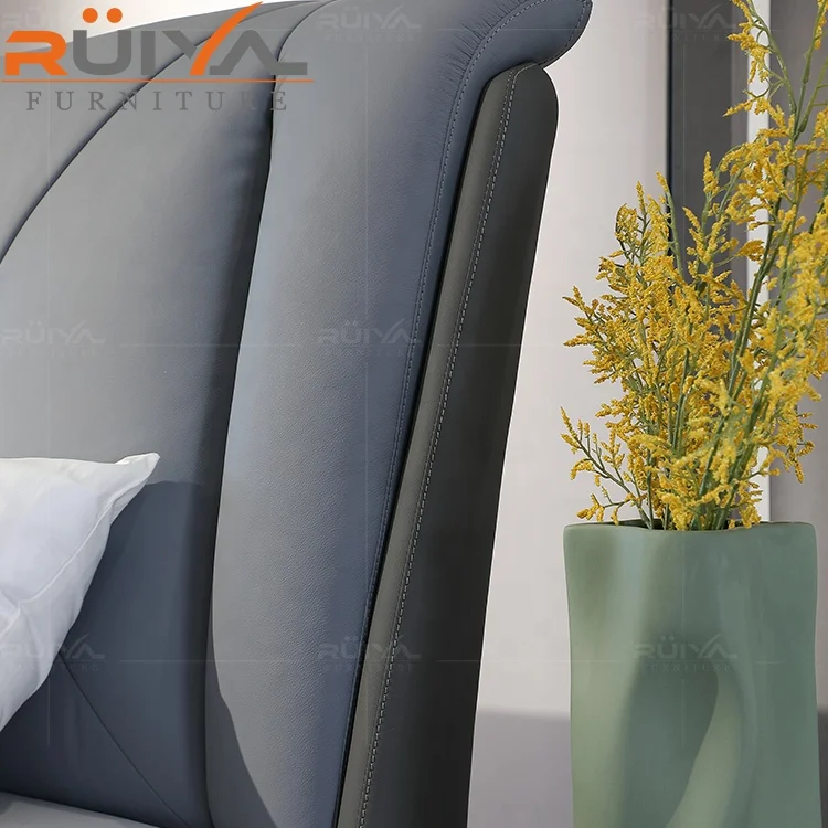 modern luxury bedroom furniture upholstered solid wood leather bed genuine leather bed frame