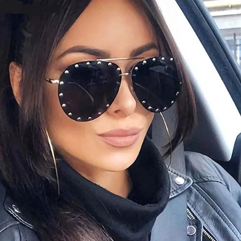 OT7709 Newest Men Pilot Shades Rivet Decoration Metal Rimless Sunglasses Women Sun Glasses