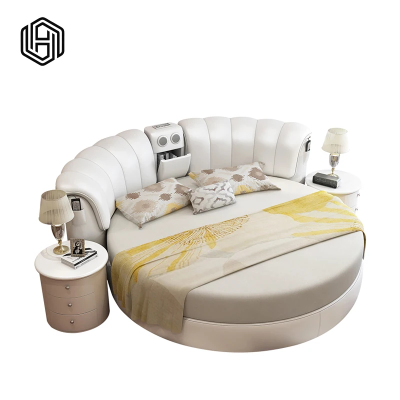 
huijuyoupin Free sample leather round bed double size 1 set Round bed hotel beds 