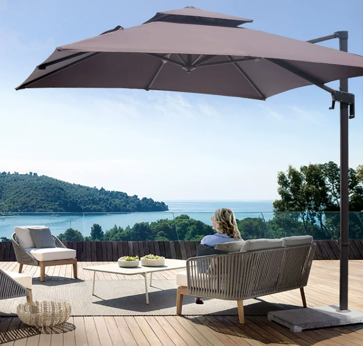 New Korea Style Villa Backyard Parasol Aluminum Rod Beach Sunproof Umbrellas With Marble Base