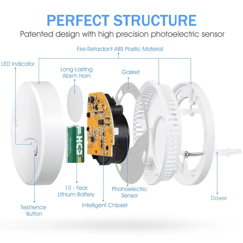 10 Years Standalone photoelectric smoke detector DC 3V battery power smoke alarm EN14604, VDS certificate