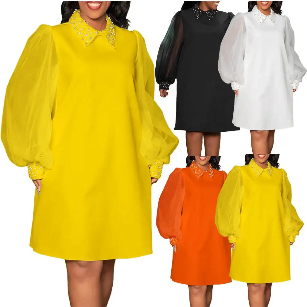 wholesale clothing Mesh Puff Sleeves Beaded Temperament african dresses for women clothing