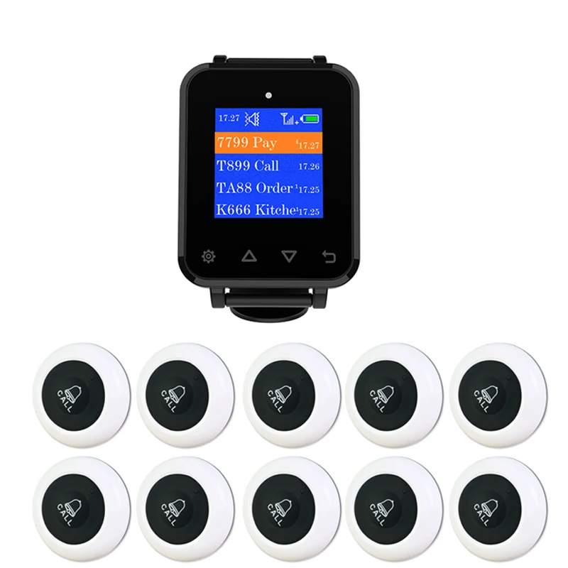 Artom restaurant caller system wireless with 10 waterproof call button and waterproof watch set in English and Russian