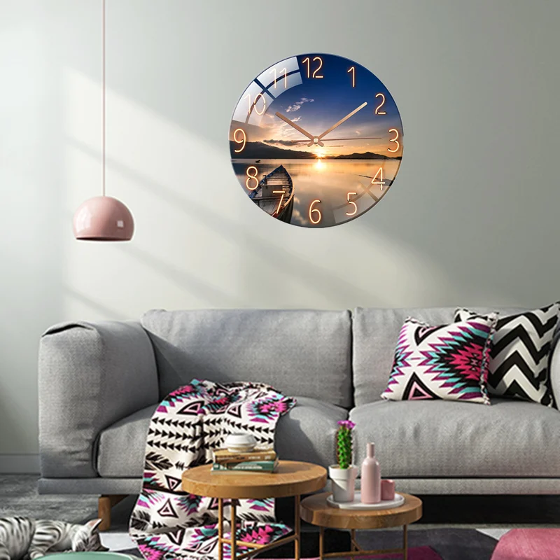 Glass Wall Clock Modern Design Landscape Light Luxury Colorful Art Reloj Pared Decorativo Clocks Living Room Bedroom Home Decor