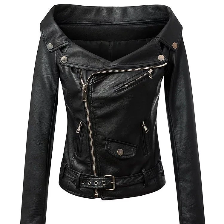 2019 Fashion Genuine Leather Coat Short Style Sheepskin Women Leather Jacket off shoulder