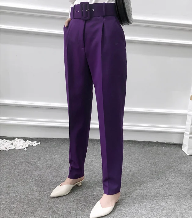 fashion ankle length woman straight trousers woman high rise belted pants