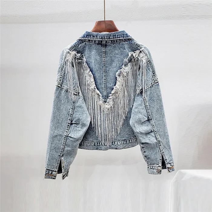 Europe and the United States street biker wind 2024 new fashion collar long-sleeved back fringe design loose denim jacket female