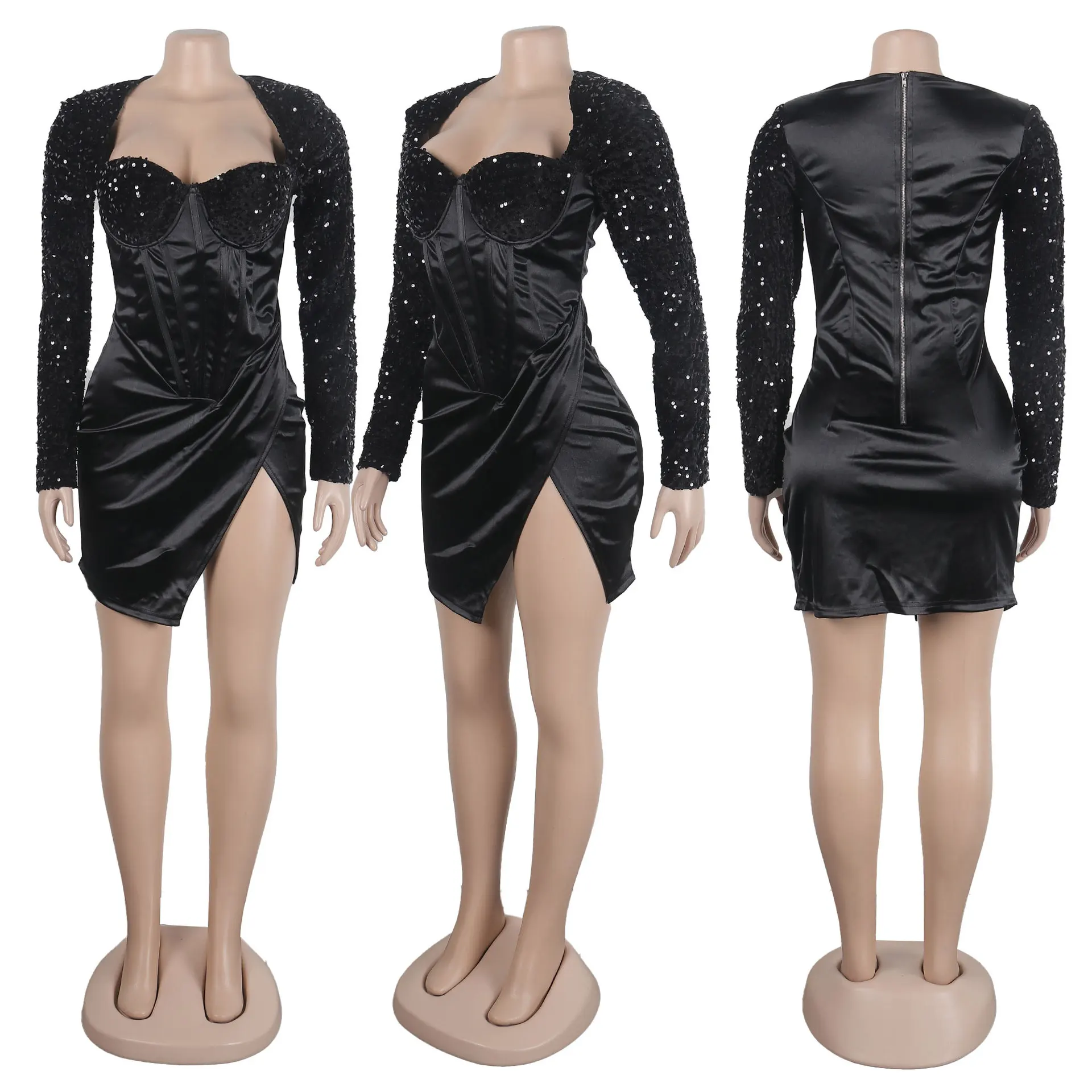 W81097  fashion long sleeve plain sequin split bodycon sexy ladies short dress