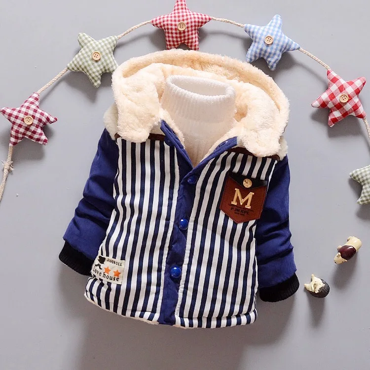 Осенне-зимние детские полосатые куртки с капюшоном и пуговицами для мальчиков, пальто, одежда