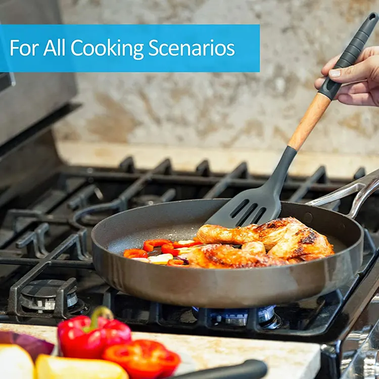 Natural Wood Kitchen Utensils 6 pcs Eco Friendly & BPA Free Non Stick Silicone Cooking Utensils Set