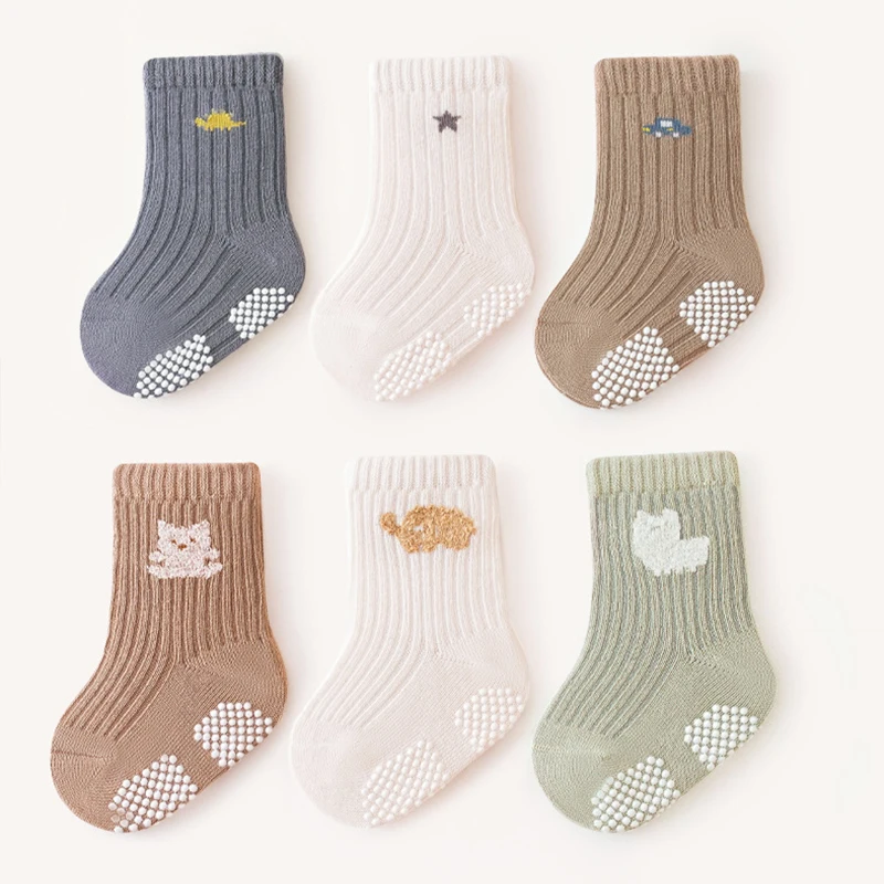 3 Pairs/Set Baby Socks Wholesale Solid Color Cartoon Mid-Tube Non-Slip Elastic Floor Socks Newborn Baby Cotton Grip Sock Set